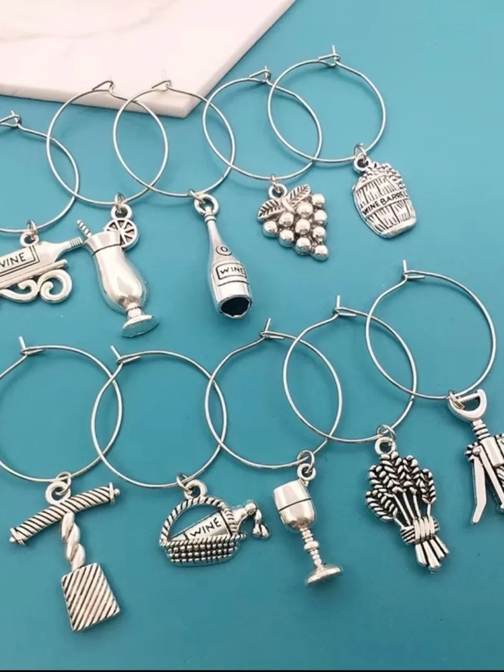 🆕 Set of 10 Wine Glass Markers Silver Wine Charm Hoop Set - 12pcs
